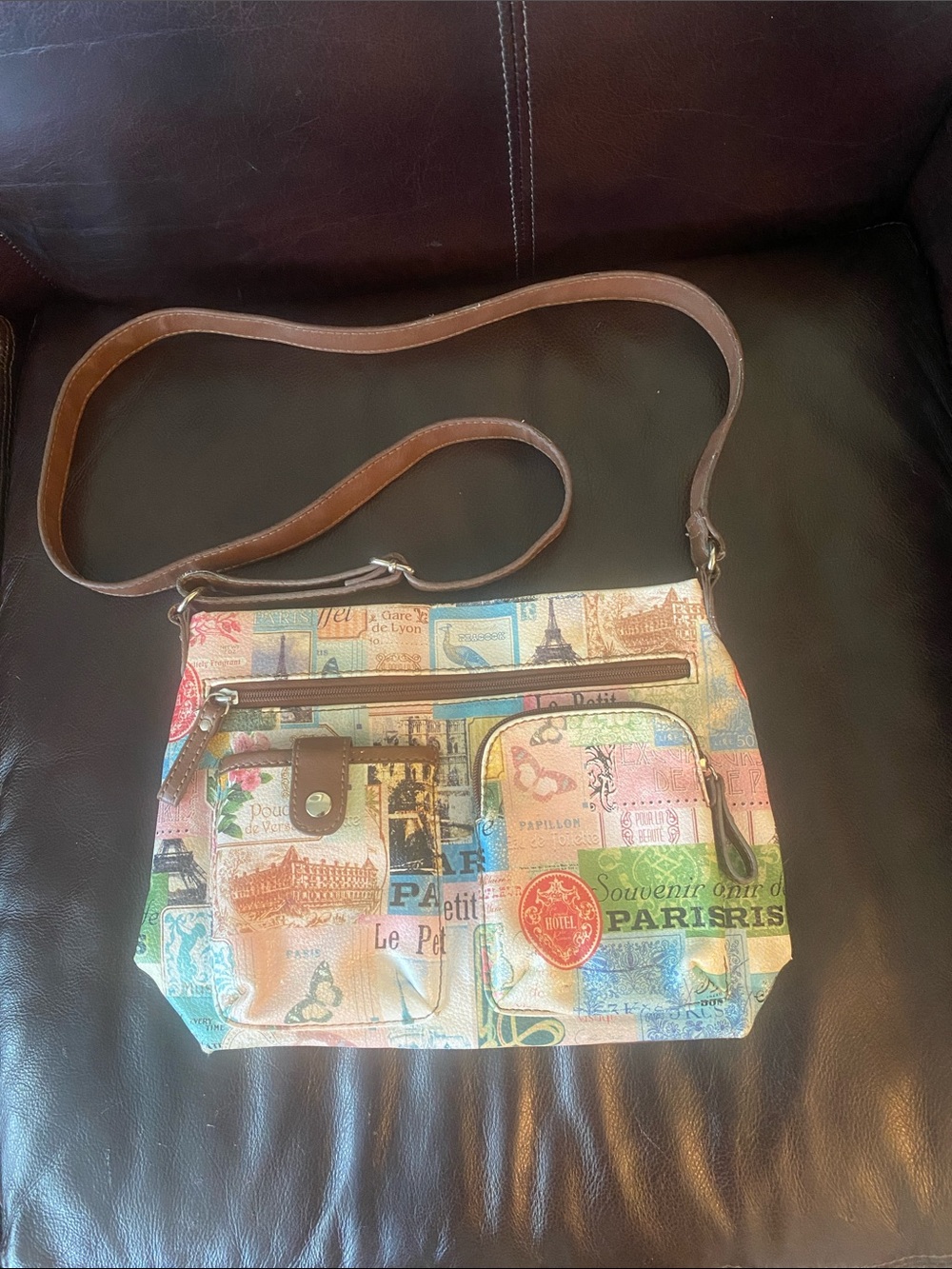 Relic Vintage Paris Print Multicolor Crossbody with Brown Strap